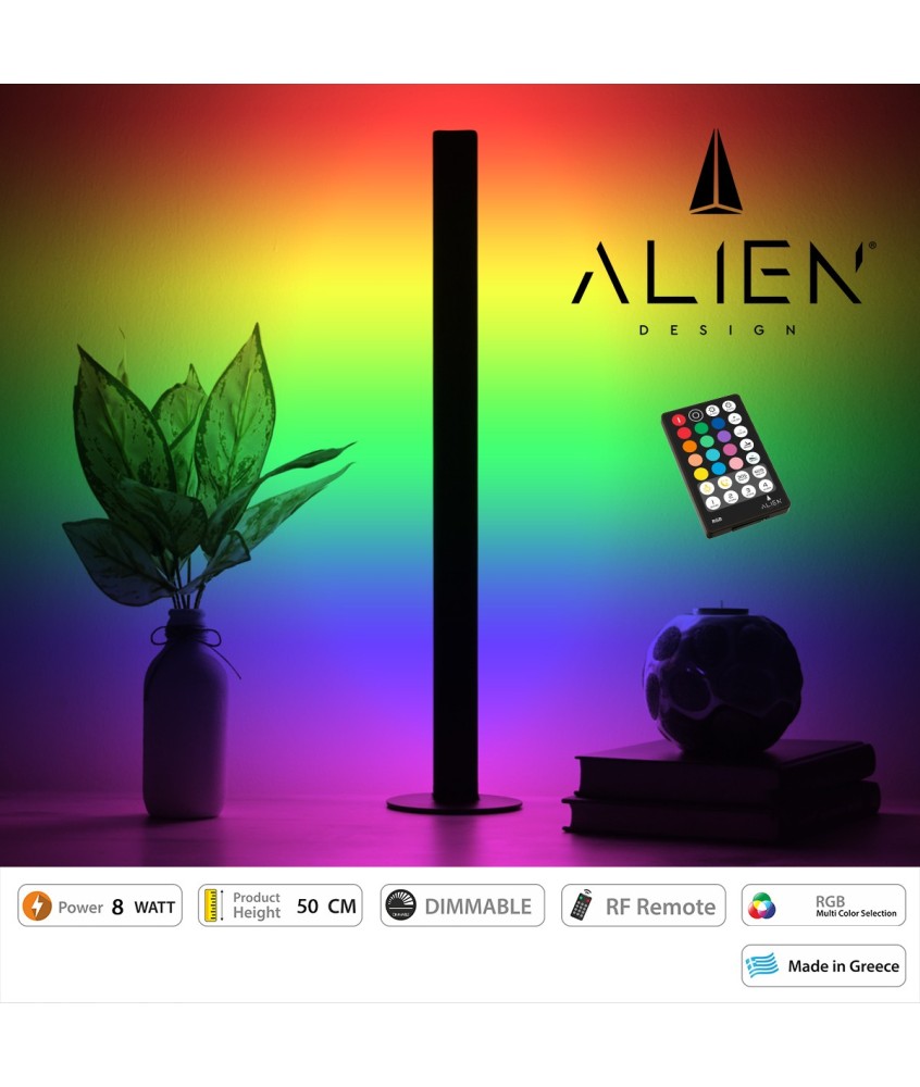 GloboStar® ALIEN-DIVA-BLACK-50-8 ALIEN Design DIVA Μοντέρνο Minimal Nordic Μεταλλικό Φωτιστικό Επιτραπέζιο - Πορτατίφ - Λαμπατέρ Μαύρο LED 8W 800lm με Ασύρματο Χειριστήριο RF & Dimmer IP20 Πολύχρωμο RGB Μ3 x Π1.6 x Υ50cm